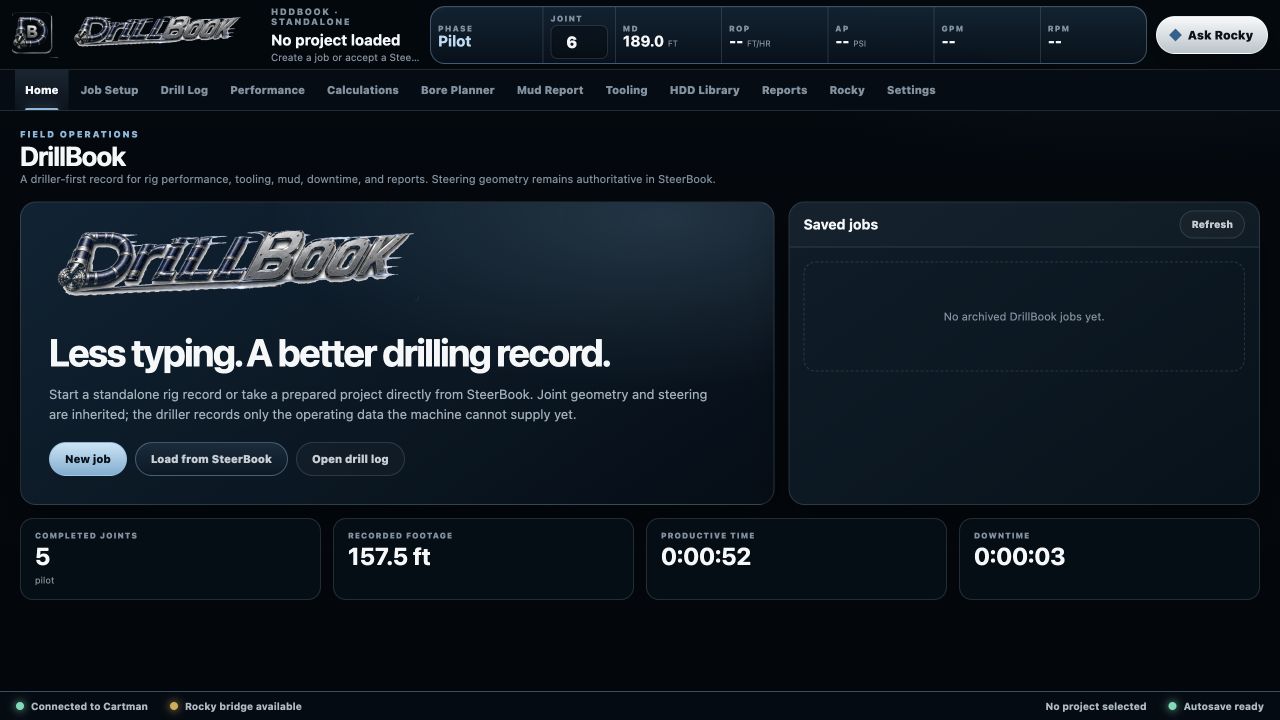 Live DrillBook home screen captured from the running program